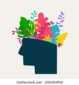 Concepto de salud mental. Imagen abstracta de la cabeza con flores dentro. Plantas, flores y hojas como símbolo de inspiración, calma, comportamiento mental favorable. Ilustración del dibujo de la mano del vector.