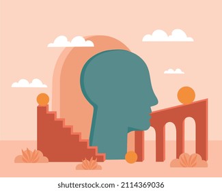 Mental Health Concept. Abstract Minimalist Images. Head Silhouette Next To Stairs. Geometric Figures. Internal Balance And Psychology. Imagination And Philosophy. Cartoon Flat Vector Illustration