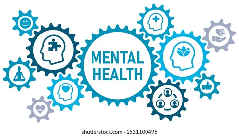 Mental health concept banner wen website icons, vector illustration concept with icon of psychology, emotions, stress reduction, relationship, care, well being, on white background, solid icons set