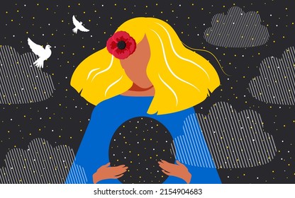 Mental health concept. Beautiful appearance of the girl, but emptiness in the soul. She is anxious and depressed. Birds of peace and hope fly over her. Black horizontal modern poster. Vector.