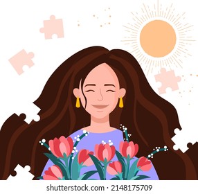 Mental health concept. Beautiful girl with flowers in her hands smiles, positive psychology, optimism and awareness. Inner peace and balance, self confidence. Cartoon flat vector illustration