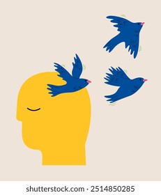 Mental health concept. Birds fly from the head. Colorful vector illustration
