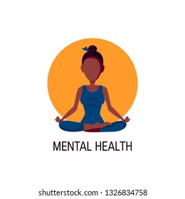 Mental health concept. Black woman meditating with crossed legs. Vector illustration in flat style.