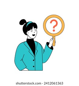 Mental health concept with cartoon people in flat design for web. Woman with magnifier searching answers for psychological questions. Vector illustration for social media banner, marketing material.