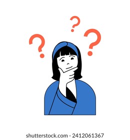 Mental health concept with cartoon people in flat design for web. Woman thinking and searching answers for psychological questions. Vector illustration for social media banner, marketing material.