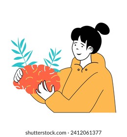 Mental health concept with cartoon people in flat design for web. Woman taking care about psychological harmony and brain wellness. Vector illustration for social media banner, marketing material.