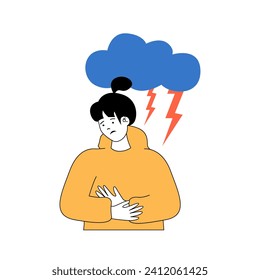 Mental health concept with cartoon people in flat design for web. Woman feeling negative emotions, suffering depression and lonely. Vector illustration for social media banner, marketing material.