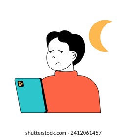 Mental health concept with cartoon people in flat design for web. Man has social media and internet addiction, suffering from bullying. Vector illustration for social media banner, marketing material.
