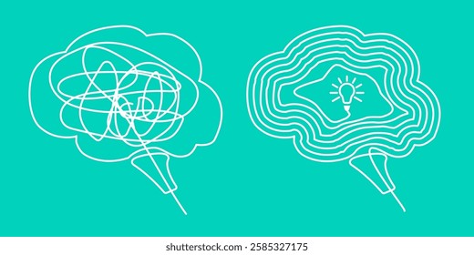 Mental health concept. Chaos, tangle and untangle continuous one line drawing. Brainstorming, mental health, psychology, balance in linear vector illustration. Icon for design, card, banner, flyer  