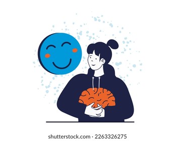 Mental health concept with character situation. Happy woman hugs brain, is in balance and harmony, takes care of herself and her emotions. Vector illustration with people scene in flat design for web