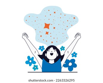 Mental health concept with character situation. Happy woman raised her hands up and rejoices and laughs. Positive thinking and wellbeing. Vector illustration with people scene in flat design for web