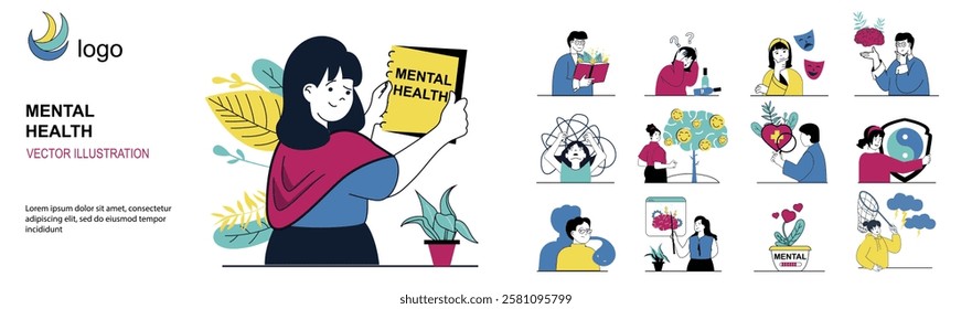 Mental health concept with character situations mega set in flat web design. Bundle of scenes people with emotion problems and positive feeling, consulting with psychologist. Vector illustrations.