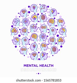 Mental Health Concept In Circle With Thin Line Icons: Mental Growth, Negative Thinking, Emotional Reasoning, Logical Plan, Obsession, Inner Dialogue, Balance, Self Identity. Modern Vector Illustration