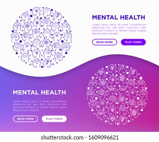 Mental Health Concept In Circle With Thin Line Icons: Mental Growth, Negative Thinking, Emotional Reasoning, Logical Plan, Obsession, Inner Dialogue, Self Identity. Modern Vector Illustration.