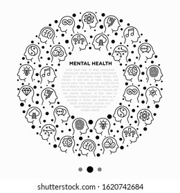 Mental Health Concept In Circle With Thin Line Icons: Mental Growth, Negative Thinking, Emotional Reasoning, Logical Plan, Obsession, Brilliant Thought, Self Identity. Modern Vector Illustration.