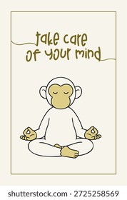Concepto de salud mental con mono lindo meditando en la pose de loto