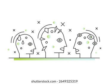 Conceito de saúde mental com depressão, ansiedade, pensamentos intrusivos, hipervigilância e paranoia. Cérebro, angústia emocional, medo, confusão e desequilíbrio de humor no esboço do ícone do vetor logotipo, automutilação