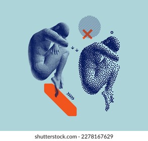 Concepto de salud mental. Destrucción o restablecimiento de la salud emocional. Personas malsanas con problemas psicológicos en el proceso de recuperación. Lucha contigo mismo. Vector de с grosero y fino estilo.