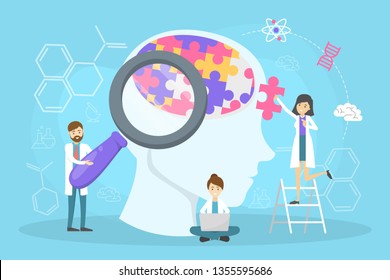 Mental health concept. Doctor treat person mentality. Psychological support. Problem with mind. Vector illustration in cartoon style