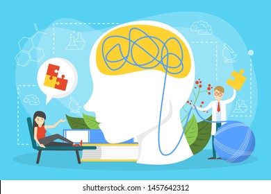 Mental health concept. Doctor treat person mentality. Psychological support. Problem with mind. Vector illustration in cartoon style