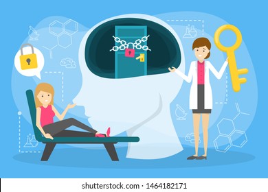 Mental health concept. Doctor treat person mentality. Psychological support. Problem with mind. Key to the locked door. Vector illustration in cartoon style