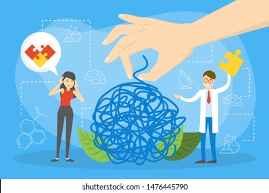 Mental health concept. Doctor treat person mentality. Psychological support. Problem with mind. Vector illustration in cartoon style