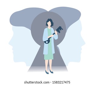 Mental health concept. Doctor treat person mentality. Psychological support. Problem with mind. Relationship problems, couple therapy. Vector illustration in cartoon style