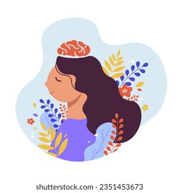 Concepto de salud mental. cabeza femenina con cerebro, flores y hojas. Conciencia, pensamiento positivo, autocuidado. Día mundial de la salud mental. ilustraciones vectoriales