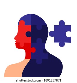 Mental health concept. Female silhouette with puzzle pieces isolated on a white background