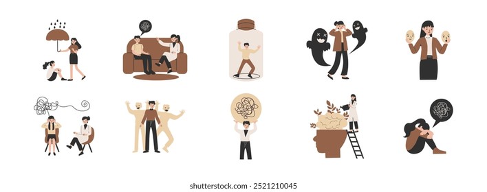 Mental Health Concept flat illustration set. Include of mind, psychology, depression, and mental illness. Vector illustration isolated.