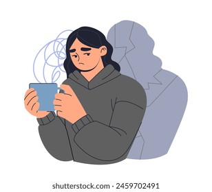 Mental health concept. Girl holding a mug, feeling sad with abstraction of confusion behind, on a plain background, depicting stress or worry. Flat vector illustration isolated on white background