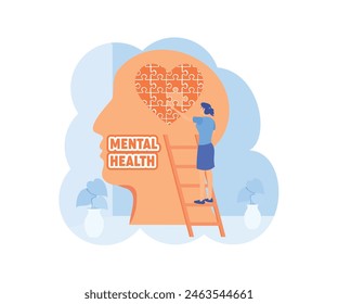 Mental health concept. A girl making heart jigsaw in brain. World mental health day. Psychological therapy and treatment flat design. flat vector modern illustration  