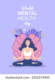 Mental health concept. girl meditates in the lotus position on the background of the human brain. world health day