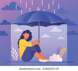 Mental health concept. Girl sits with umbrella, protecting from rain. Positivity and optimism, psychology. Conscious personality, control emotions and feelings. Cartoon flat vector illustration