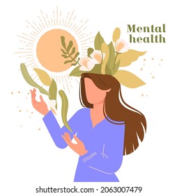 Mental health concept. Girl standing with flowers in her hands. Selfcare, psychology, mindfulness. Positive thinking, wellbeing. Cartoon flat vector illustration isolated on white background