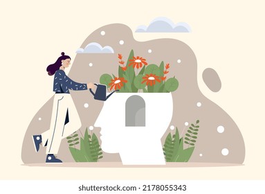 Mental health concept. Girl watering flowers in abstract head silhouette. Metaphor of positive psychology and optimism. Conscious and subconscious, happiness. Cartoon flat vector illustration