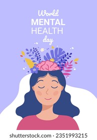 Mental health concept. Growing flowers from a girl's head. Female brain and tropical leaves in the head of a young woman isolated on a lilac background. World mental health day