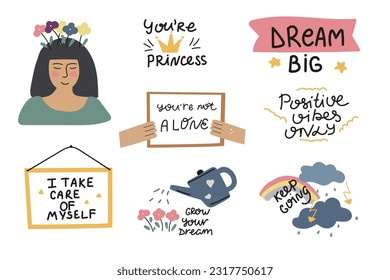 Mental health concept. Hand drawn stickers, vector illustration with positive phrases