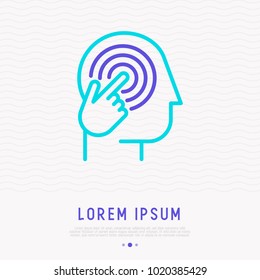 Mental Health Concept. Hand Pushing On Brain Thin Line Icon. Psychological Help. Modern Vector Illustration.