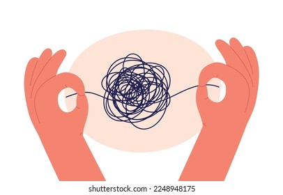 mental health concept. hands with black chaos line. brain like puppet in terapy. Flat vector illustration