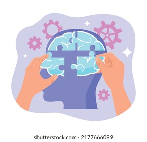 Mental health concept. Hands collect puzzles in abstract silhouette of head. Logical and creative process, decision making metaphor. Psychology, help and support. Cartoon flat vector illustration