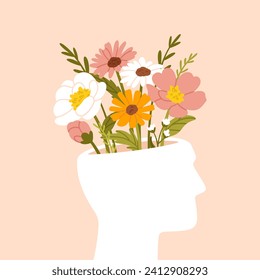 Mental health concept. Happy male head with flowers inside. Positive thinking, self care. Happiness and harmony, calmness and life balance vector illustration. Character with blooming plants