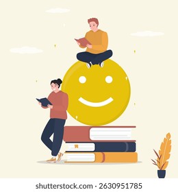 Mental health concept with happy readers. Positive emoji on stack of books. Young people with good mood, because they reading favorite books and balancing work and rest. flat vector illustration