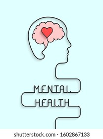 Mental health concept with head, brain and heart silhouette