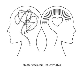 Mental health concept. Head profiles with clear thinking  and  symptoms of depression, stress. Mindfulness and stress management in psychology for your web site design, app, UI.  EPS10.