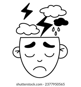 Mental health concept. Head with an unhappy sad face and bad weather, lightning with clouds and rain inside. Vector illustration. doodle drawing