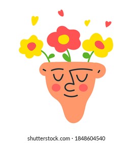 Mental health concept. Head of young man with flowers in his head. Illustration on white background.