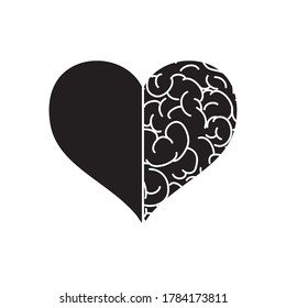 Mental Health Concept, Heart With Half Brain Icon Over White Background, Silhouette Style, Vector Illustration