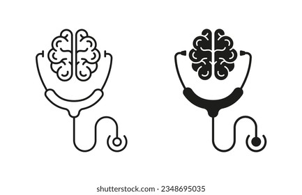 Mental Health Concept, Human Brain and Stethoscope Line and Silhouette Icon Set. Health Care Symbol Collection on White Background. Psychology, Neurology Science. Isolated Vector Illustration.