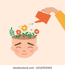 Mental health concept. human hand watering head with flowers. Self-care. Positive thinking